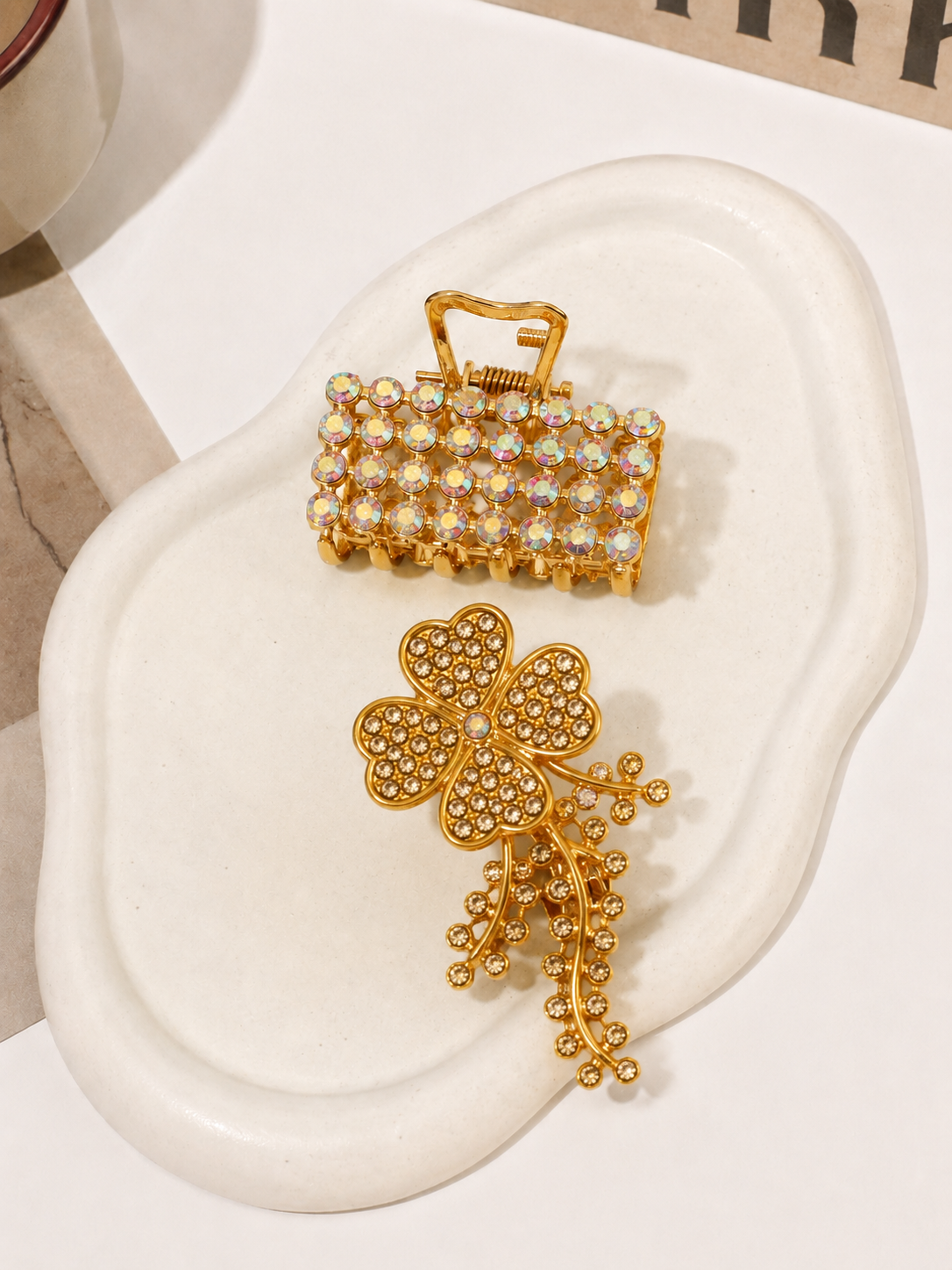 Crystal Claw Clip & Clover Pin